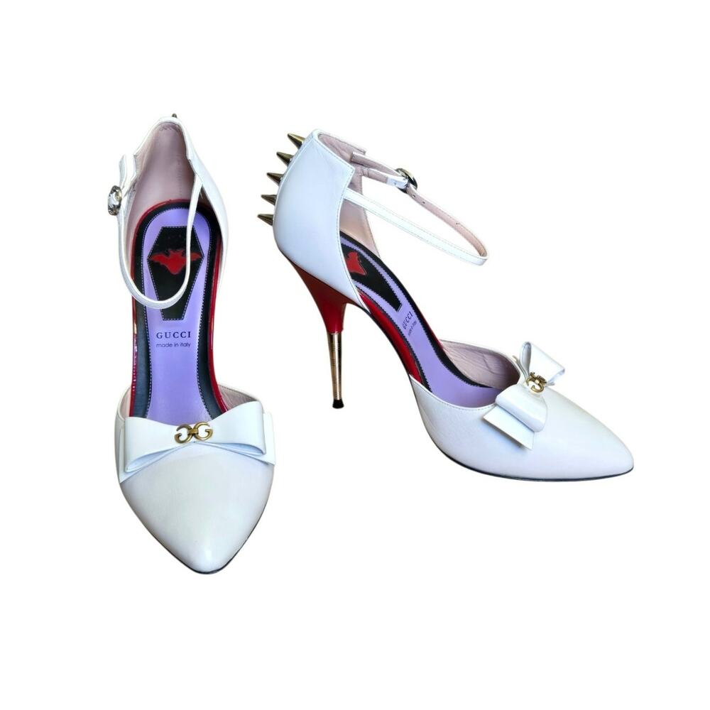 Gucci White Leather Crystal GG Bow Spike Ankle Strap d'Orsay High Heel Pumps - Picture 2 of 11